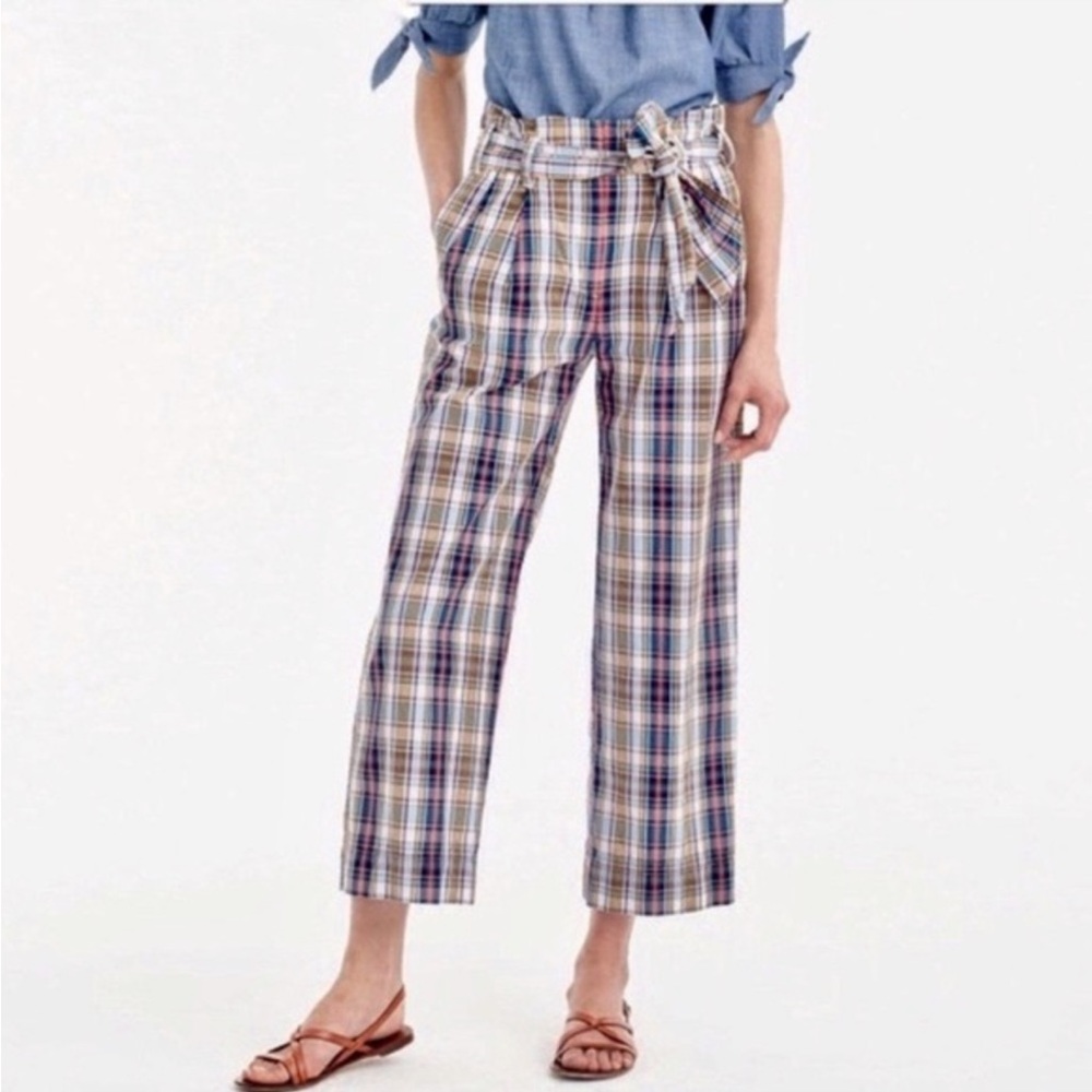 NWT J. Crew blue plaid high waist cotton paper bag wide leg pants, size 12